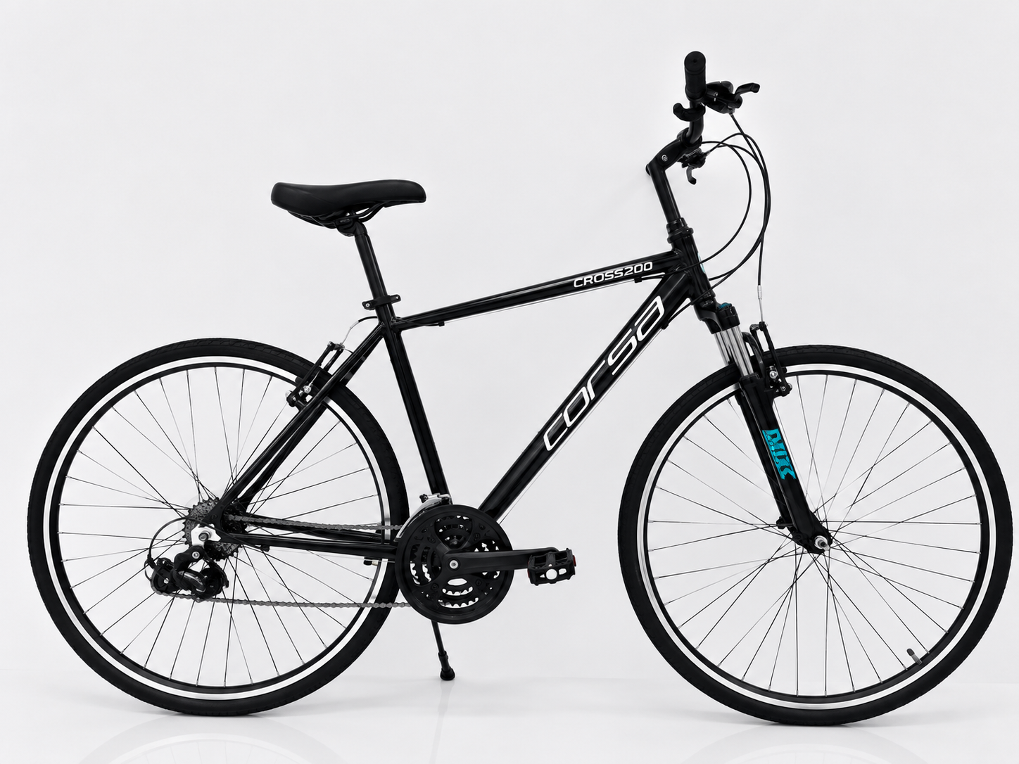 A black Corsa Crossroad bicycle with a front suspension fork, rear shock, and a black saddle, photographed against a seamless light gray studio background.